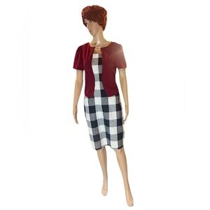 Red Cardigan, Black and White Checkered Dress XL